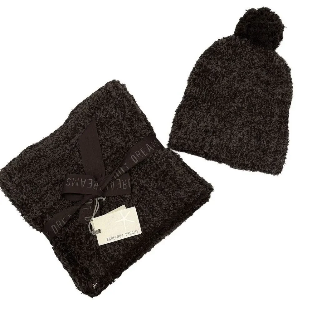 Barefoot Dreams CozyChic Pom Pom Beanie & Scarf Gift Set Espresso Cocoa Soft NWT